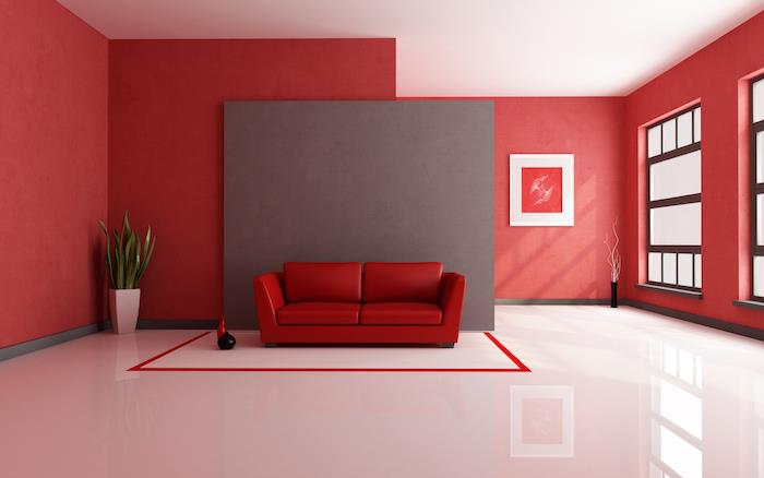kırmızı, gri vurgulu duvar, beyaz zemin ve tavanda gri, kanepe ve duvarlarla hangi rengin ilişkilendirileceği fikri