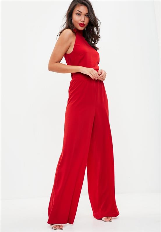 popoln rdeč videz z kombinezonom z visokim vratom in tekočimi nogami, ideja za žensko, povabljeno na poročni večer