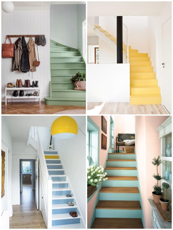 v katero barvo pobarvati stopnišče, da mu da svežino, na primer stopnice, v celoti pobarvane v vitaminsko barvo, in stopnice, katerih dvižniki so bili samo pobarvani