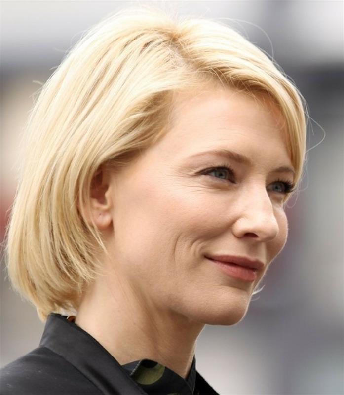 trumpas kvadrato kirpimas, Cate Blanchett, šviesūs plaukai, diskretiškas makiažas, šukuosenos moteris iki pusės