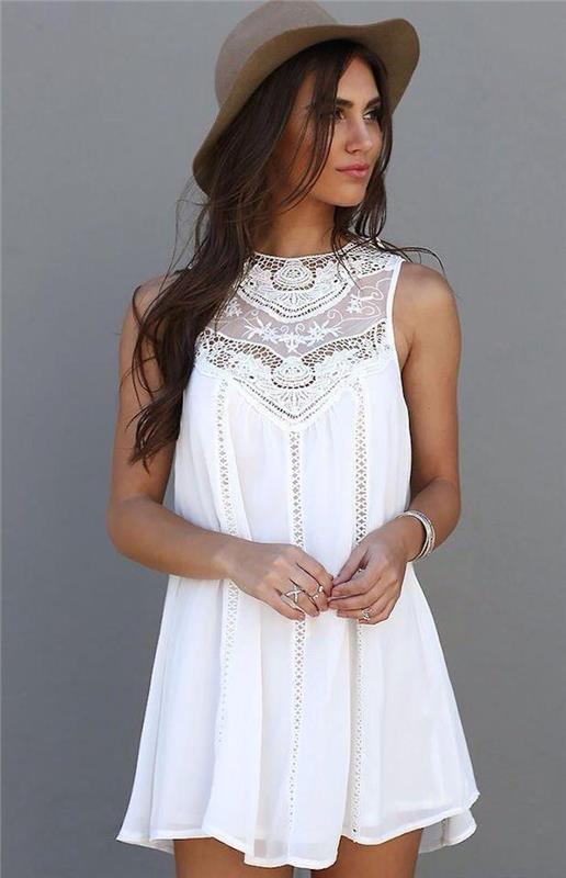 Moteriška vasaros apranga balta kokteilinė suknelė bohemiška prašmatni suknelė nėrinių nuotrauka trumpa suknelė be rankovių kietas bohemiškas vaizdas