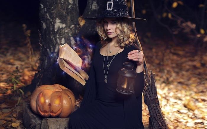 siyah şapka cadı kostümü, siyah elbise ve yelek, cadı aksesuarları, büyü kitabı, kara fener, oymalı balkabağı jack o lantern