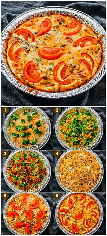 Lengvas tešlos be tešlos su pomidorais, pipirais, brokoliais ir čederiu, vegetariško kišo receptas be tešlos