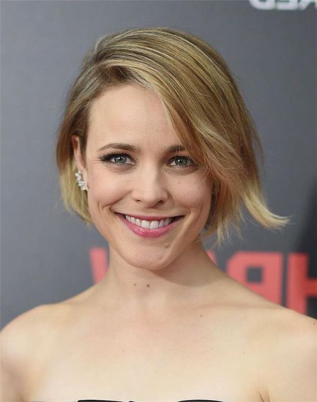 rachel mcadams kısa bob saç modeli ile sarışın vurgular ışıltılı küpeler