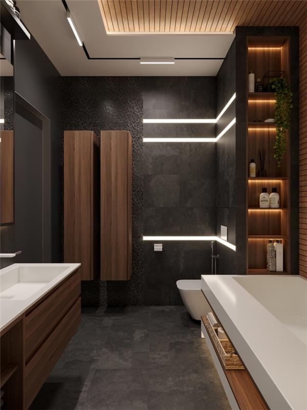 šiuolaikiškas interjero dizainas su tamsiomis spalvomis ir medžio akcentais, antracito pilkos spalvos vonios kambarys su tamsaus medžio spintele