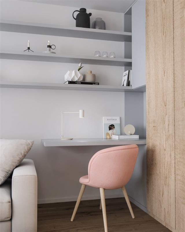 açık gri duvarlı küçük bir alan ofisinin nasıl dekore edileceğine örnek, asma masa ve sandalyeli çalışma alanı