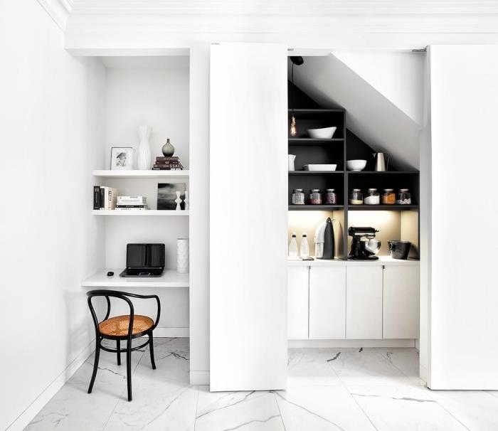 modern ofis alanı fikirleri, asma masalı bir mutfakta ev çalışma alanı düzeni