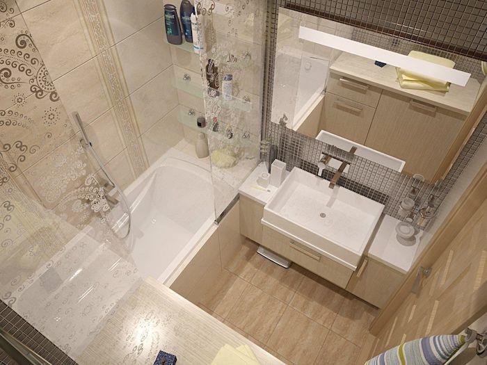 bej döşemeli küçük İtalyan banyosu, beyaz lavabo, bej karo zemin, sürgülü küvet kapıları, büyük ayna