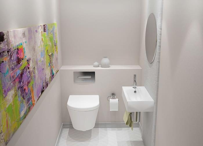 küçük banyo düzeni fikri 2m2 beyaz asılı tuvalet ve bir duvar dekorasyon paneli boyama soyut sanat ile
