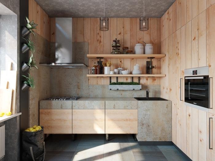 notranja oprema majhna kuhinja s sivim stropom in tlemi z delno oblogo sten v svetlem lesu in lesenimi policami