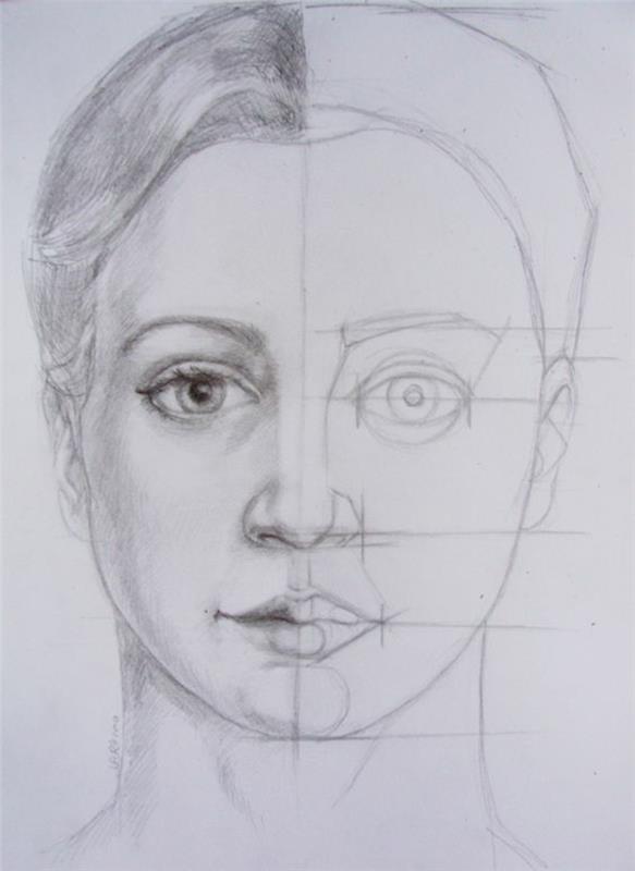 Ritratto di una donna, disegno con matite, viso di una donna