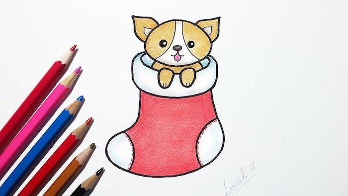 Noel çoraplı sevimli köpek, bir Noel Baba çizin, basit çizgilerle çizmeyi öğrenin