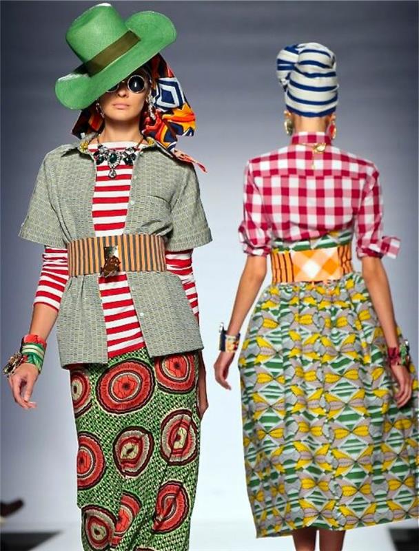 dva pogleda na modni brvi, afriška oblačila, afriška moda, klobuk v zeleni in turbanski barvi reseda, ravno krilo v zeleni in koralni barvi ter sežgano krilo v zeleni in rumeni barvi