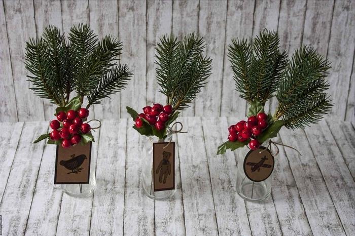 cam kap Noel ağacı dalları DIY Noel dekorasyon dalları kırmızı meyveler geri dönüştürülmüş kağıt etiket