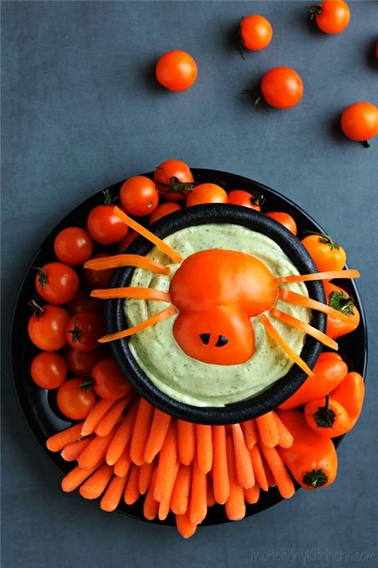 sebze tabağı ile Edamame humus ve kırmızı biber örümcek, hızlı ve kolay cadılar bayramı tarifi