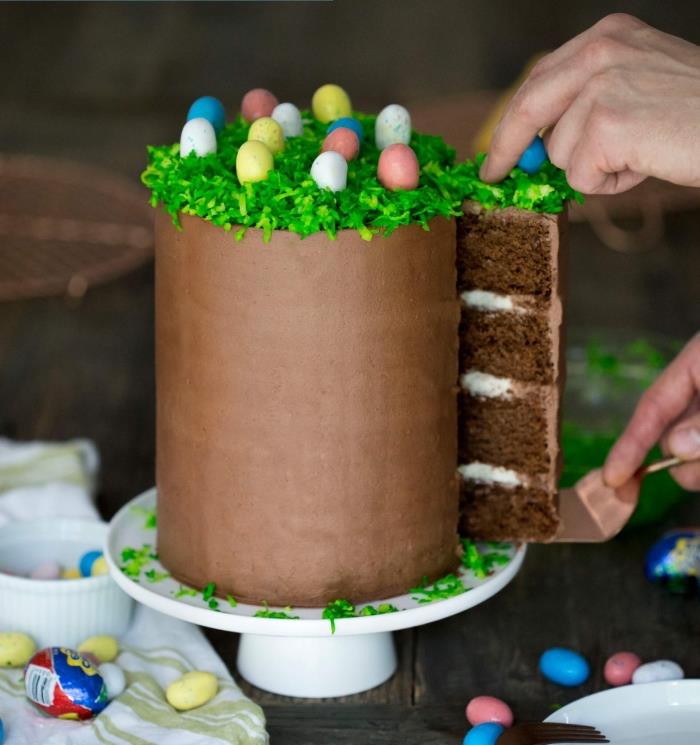 velikonočna velikonočna torta s čokolado, prekrita z masleno kremo in gladko čokolado ter okrašena z okrasno velikonočno travo