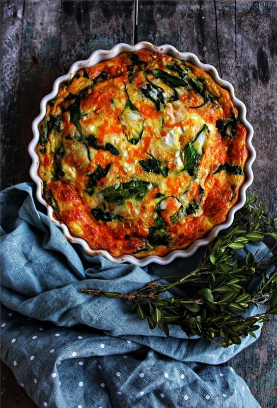 lengvų špinatų, čederio ir feta quiche receptas, lengvai paruošiama kiaušinių pagrindo idėja orkaitės patiekalui