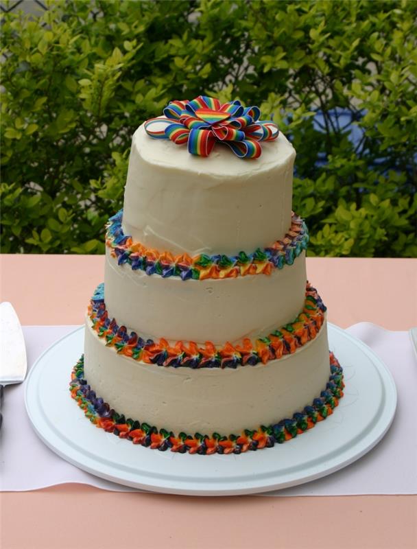 trijų pakopų vaivorykštės vestuvių torto receptas, dekoruotas ir papildytas įvairiaspalve juostele, papuošta įvairiaspalviais matiniais kraštais