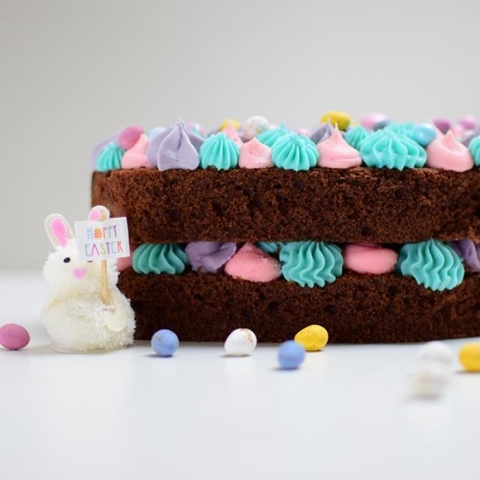 Enostavna in hitra velikonočna torta na osnovi dveh kakavovih biskvitnih okraskov, okrašenih z majhnimi cvetovi v roza, modri in vijolični glazuri