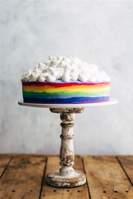 Yanlarında gökkuşağı renginde buzlanma ve üzerinde basit bir beze buzlanma dekorasyonu ile orijinal çok renkli kek tarifi