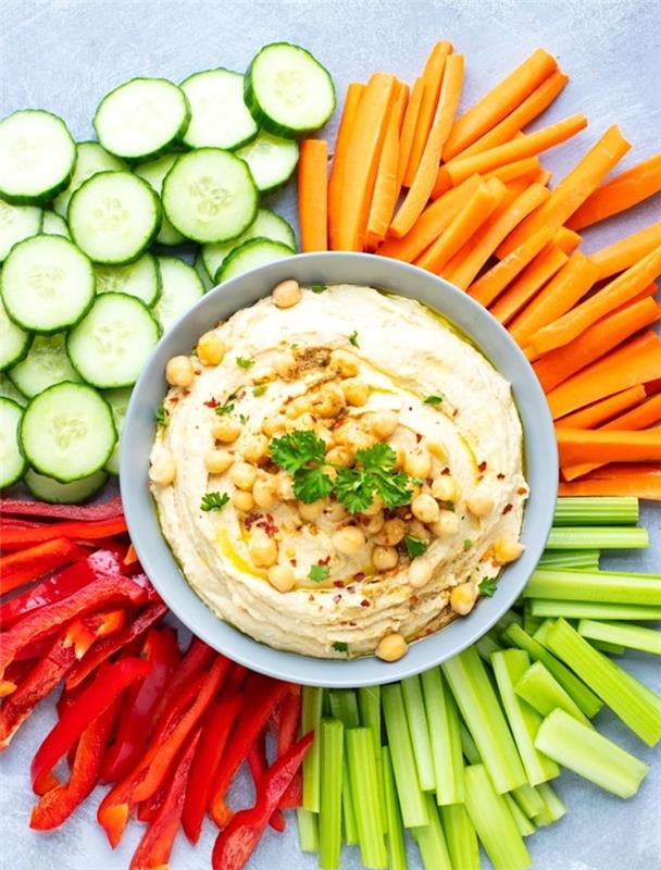 recept za hummus s surovo zelenjavo, kumarami, zeleno, papriko in korenjem, aperitiv brez kuhanja