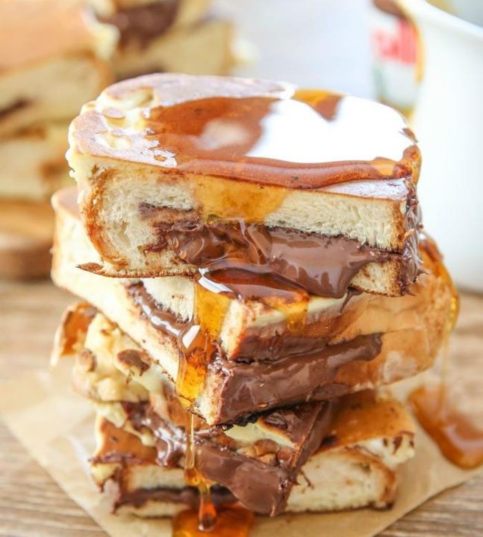 dekadentni recept za francoski toast, napolnjen z nutelo in medom, enostaven recept za nutello za ekspresni zajtrk
