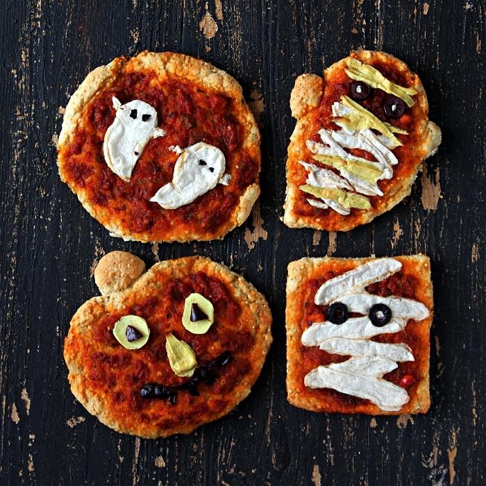 hayalet veya balkabağı şeklinde mini cadılar bayramı pizzası, cadılar bayramı büfesi için kolay meze tarifleri