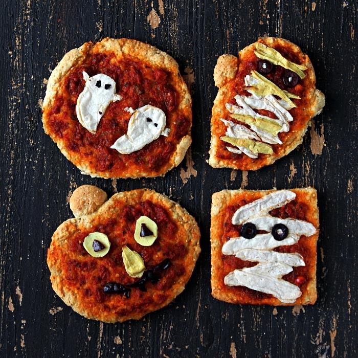 mini halloween pizza v obliki duhov ali buč, enostavni recepti za predjed za bife za noč čarovnic