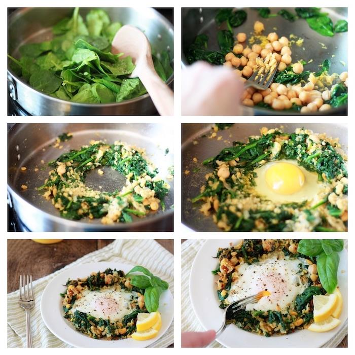 špinatų ir avinžirnių lizdų receptas su kiaušiniu viduryje, liekninantys pusryčiai, kuriuose gausu baltymų