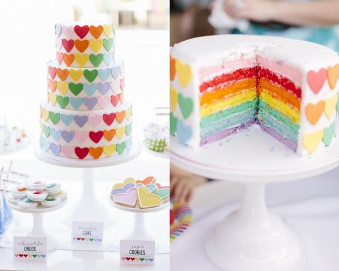 vestuvinio torto receptas su vaivorykštės interjeru, dekoruotu mažomis širdelėmis, suformuotomis cukraus pasta
