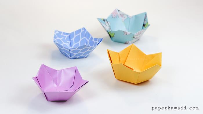 originalus kawaii popierinis origami lotoso gėlių origami dubenėlių modelis, lengvas origami popieriaus gėlių pavyzdys