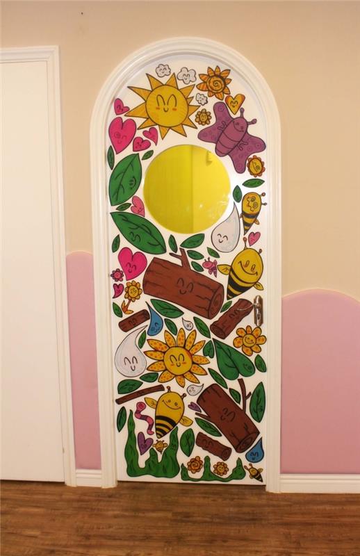 linksmų vaikiškų raštų durų ir spintelių lipdukai, skirti ochros atspalviais pagyvinti interjero atmosferą
