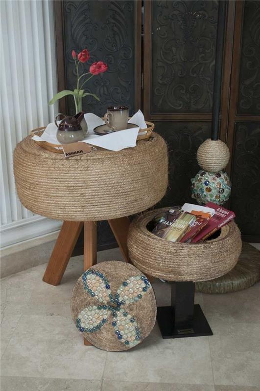 izvirno pohištvo za izdelavo recikliranih predmetov, ideja za dekoracijo vrta s pnevmatiko, majhna klubska mizica