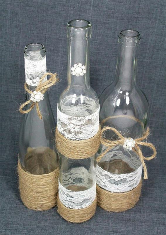 poročna dekoracija, kaj storiti z vinskimi steklenicami, steklenicami po meri s čipko in vrvico