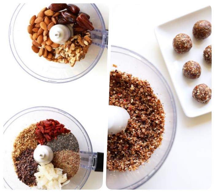 ketogeninės dietos idėja energijos kamuoliukai desertas su chia sėklomis, kokosu, datulėmis ir goji uogomis