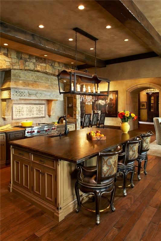modern mutfak, kahverengi tezgah, led aydınlatma, şık country dekor, turuncu vazo, ahşap mutfak makyajı