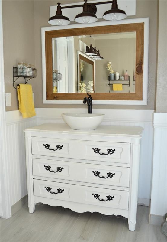 naredite kopalniško omarico iz starega predalnika s prenovljenimi predali zahvaljujoč beli barvi in ​​umivalnikom na mizi s trendovsko obliko sklede