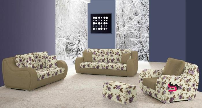bir mobilyayı özelleştirin, mobilya düzenlemesinden önce, bej ve zeytin yeşili üç kanepe, çivit mavisi duvarlar, siyah ve beyaz dekoratif panel