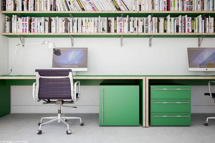 pohištvo preoblikovano z zeleno barvo, delovni prostor z veliko zeleno barvano delovno ploščo, lesena omara z računalniki Apple