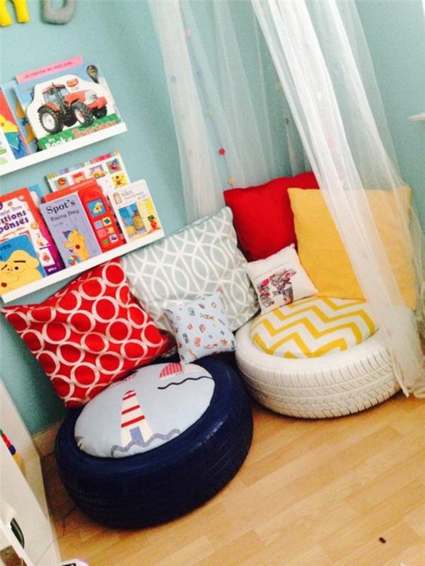 otroška vreča, otroška soba, lesena tla, modre stene