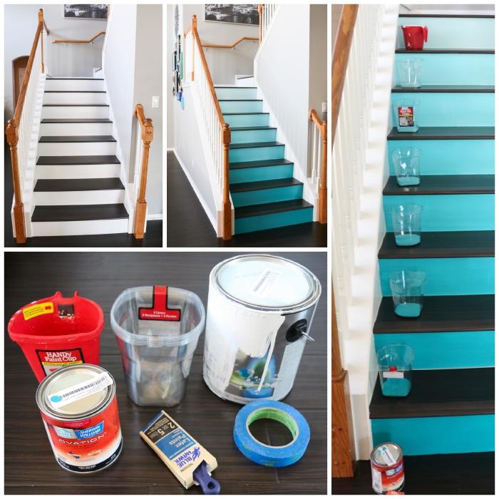 kako barvati leseno stopnišče v barvnem gradientu, barva s senčnim učinkom na dvižnih stopnicah v nasprotju s preostalim belim pobarvanim stopniščem