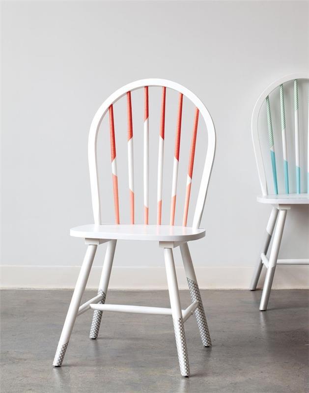 izvirna ideja za prebarvanje lesenega pohištva in ustvarjanje grafičnih vzorcev, vintage stol, preoblikovan z nekaj potezami bele in koralne barve