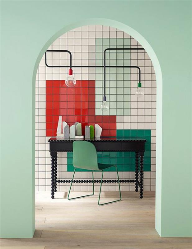 prenoviti kuhinjo, lok v barvi mete, večbarvna stena iz mozaika, svetlo rdeča, v zeleni travi, v zeleni barvi reseda, v beli barvi, PVC-parket na klik
