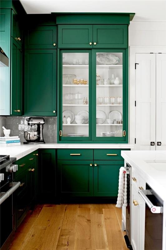 dopolnilna barvna ideja zelene v kuhinji, postavitev kuhinje v l do z zelenim pohištvom