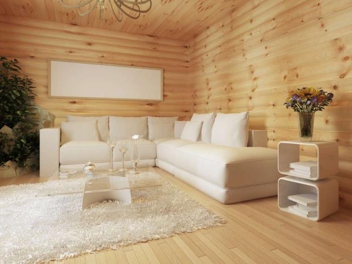 idėja, kaip aprengti sieną, kaimišką gyvenamojo kambario modelį su jaukia atmosfera su baltais baldais ir aksesuarais