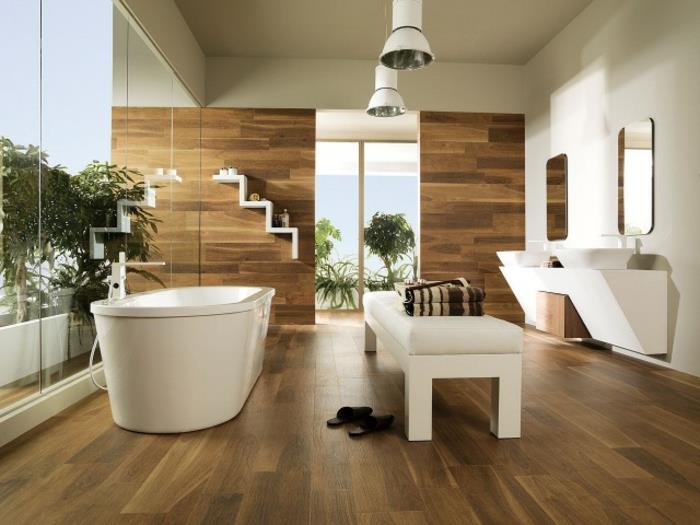 lesena stenska obloga-vintage-sobna-stenska dekoracija-lesena-kopalnica-dvojna kad