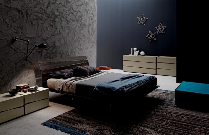 dekoracija spalnice v temnih barvah, stenske barve v antracitno sivi barvi, dizajnersko leseno pohištvo