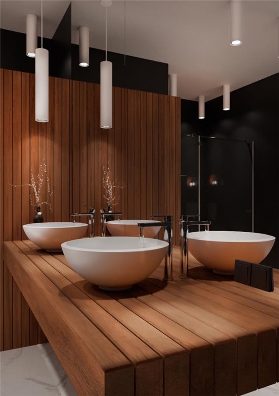 modernus interjero dizainas vonios kambaryje su baltomis lubomis ir grindimis su juodomis sienomis ir medine sienų dalimi