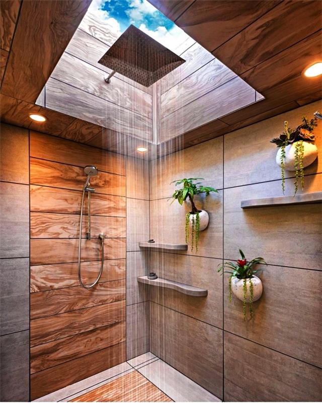 sodobna kopalnica v imitaciji lesenih ploščic z majhnimi policami in stenskimi držali za rastline, tuš kabina s strešnim oknom za Zen vzdušje