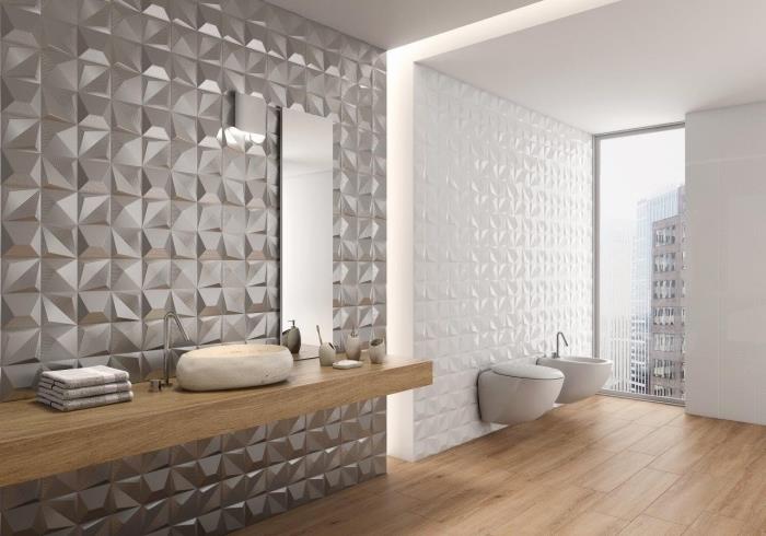 minimalistična postavitev kopalnice v beli in leseni barvi, sivo -bela geometrijska oblika stenske obloge